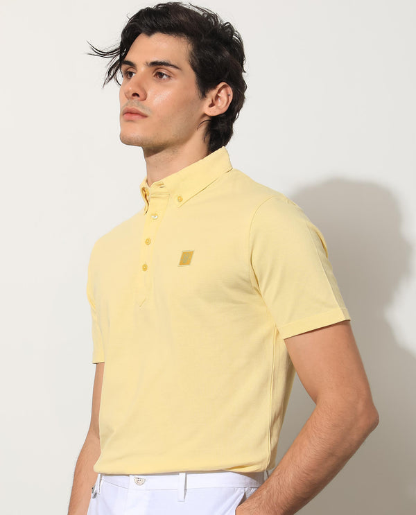 Rare Rabbit Men's Herval Light Yellow Cotton Fabric Short Sleeves Collared Neck Slim Fit Polo T-Shirt