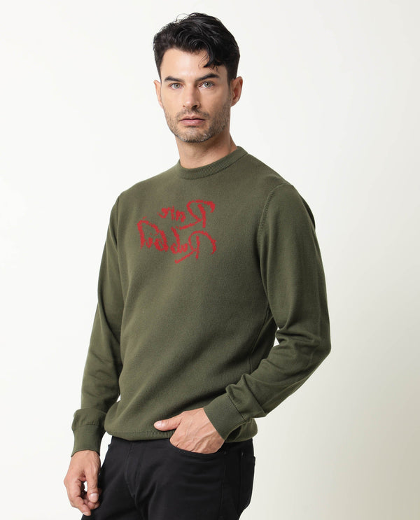 RARE RABBIT MEN'S TEEDO OLIVE PULLOVER COTTON FABRIC ROUND NECK FULL SLEEVES SLIM FIT