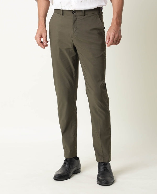 Rare Rabbit Men's Glak Olive Solid Mid-Rise Regular Fit Trouser