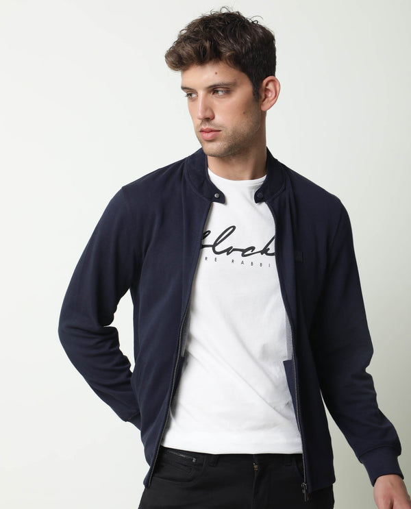 Rare Rabbit Men's Morris Navy Plain Cotton Knit Jacket