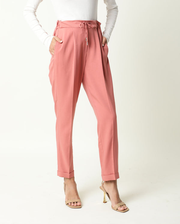 Rareism Women Jeremiah Dark Peach Poly Lycra Fabric Tailored Fit Mid Rise Solid Ankle Length Trousers