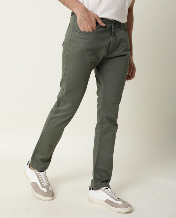 Rare Rabbit Men's Mark Green Solid Mid-Rise Regular Fit Stretch Trouser