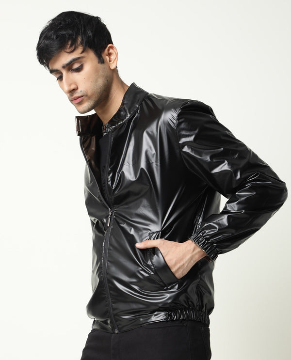 Rare Rabbit Men's Adam Gold Plain Metallic Band Collar Reversible Jacket