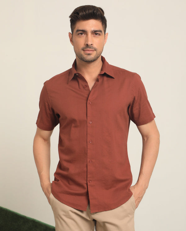 Rare Rabbit Men's Matto Rust Cotton Fabric Short Sleeve Regular Fit Self Stripe Dobby Shirt