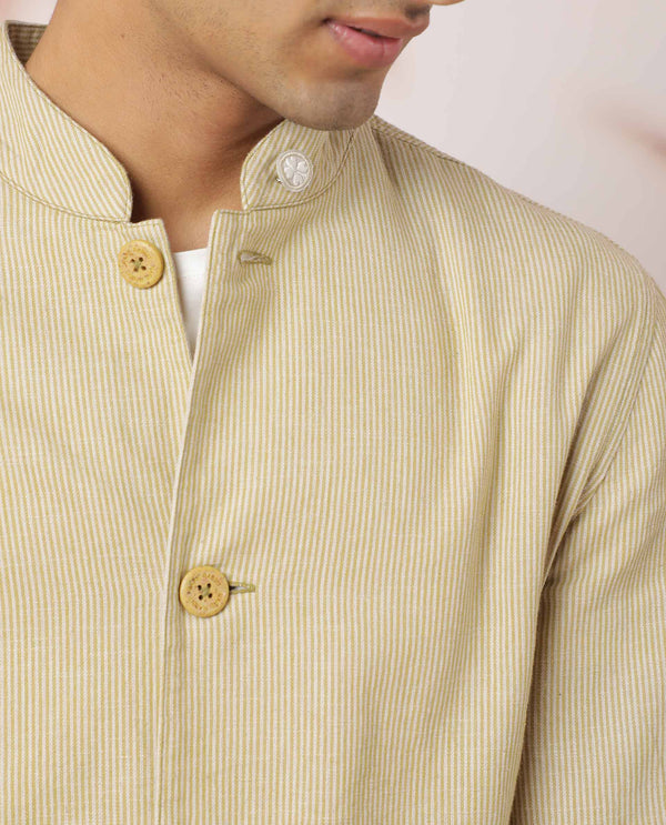Rare Rabbit Men's Trex Mustard Linen Blend Mandarin Collar Striped Jacket