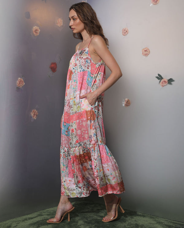 Rareism Women's Katie Multi Polyester Fabric Shoulder Straps Slip-On Closure Sleeveless Floral Print  Maxi Dress