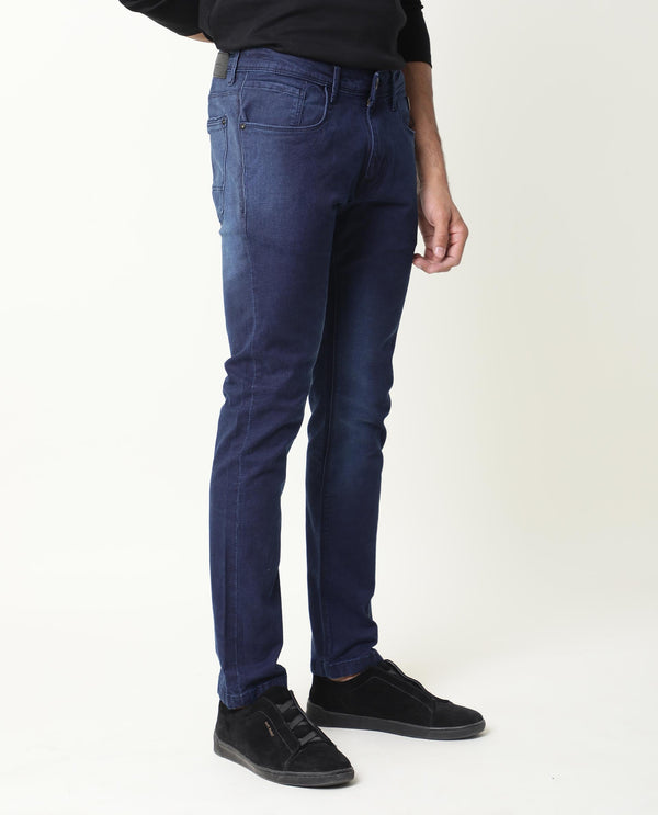 Rare Rabbit Men's Repp Blue Pant Cotton Elastane Fabric Slim Fit Button & Zip Closure Jeans