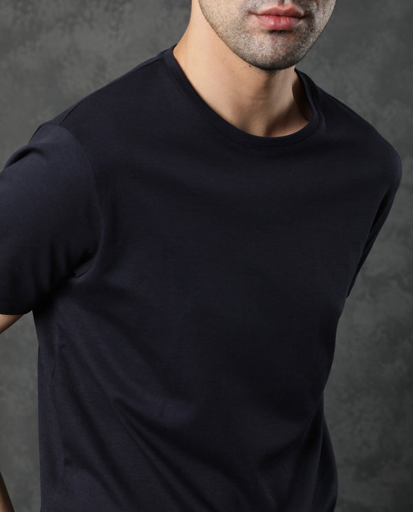 Rare Rabbit Men's Gis Navy Cotton Fabric Crew Neck Half Sleeves Regular Fit Solid T-Shirt
