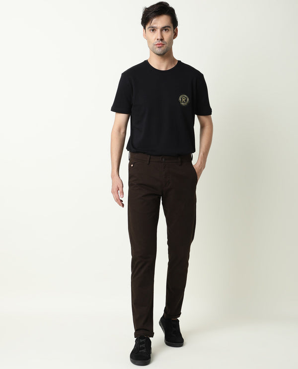 Rare Rabbit Men's Aps Dark Brown Trouser Solid Mid-Rise Regular Fit Stretch Trouser