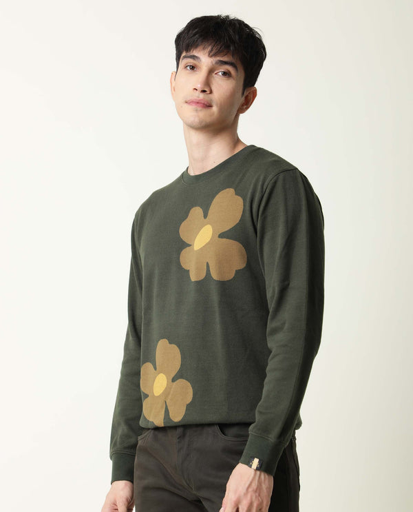 Rare Rabbit Men's Fauna Olive Cotton Fabric Full Sleeves Floral Print Knitted Sweatshirt
