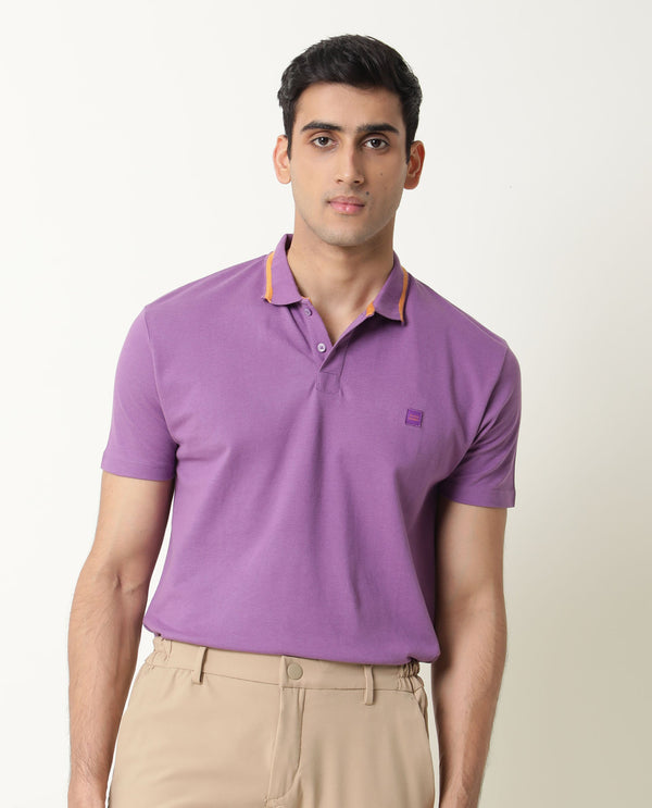 Rare Rabbit Men's Taper Purple Cotton Fabric Collared Neck Half Sleeves Textured Polo T-Shirt