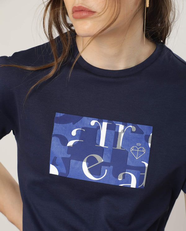 Rareism Women Iolet Blue Cotton Fabric Short Sleeves Crew Neck Regular Fit Graphic Print T-Shirt