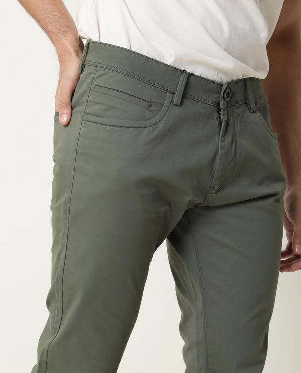 Rare Rabbit Men's Mark Green Solid Mid-Rise Regular Fit Stretch Trouser