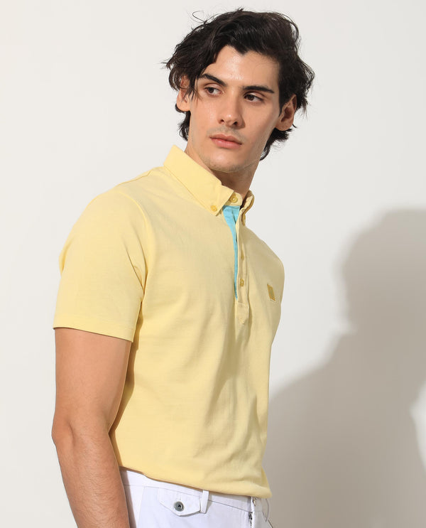 Rare Rabbit Men's Herval Light Yellow Cotton Fabric Short Sleeves Collared Neck Slim Fit Polo T-Shirt
