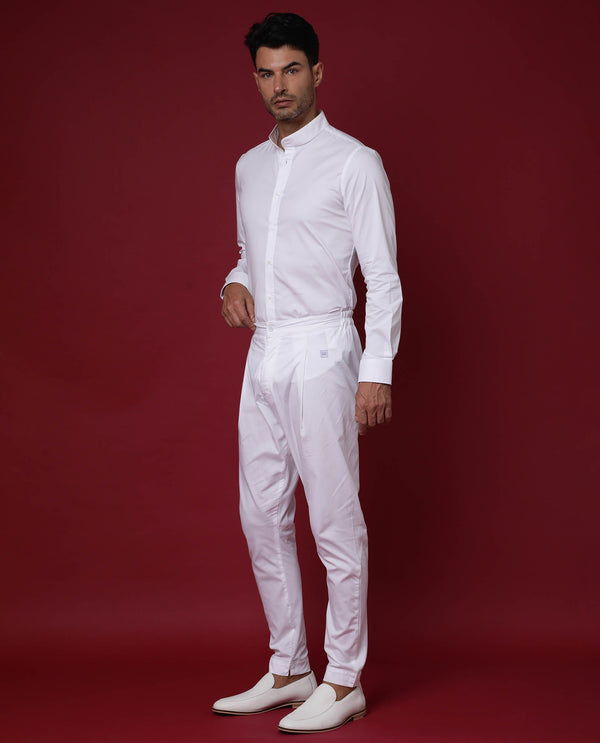 Rare Rabbit Men's Cox White Cotton Polyester Fabric High Neck Manadrin Collar Full Sleeves Solid Shirt