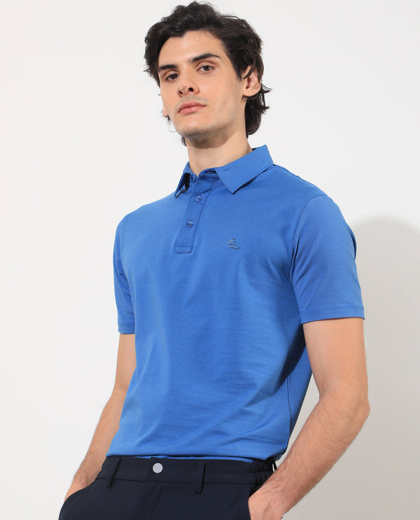 Rare Rabbit Men's Tunas Light Blue Cotton Polyester Fabric Collared Neck Half Sleeves Striped Polo T-Shirt