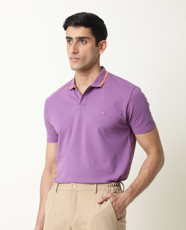 Rare Rabbit Men's Taper Purple Cotton Fabric Collared Neck Half Sleeves Textured Polo T-Shirt