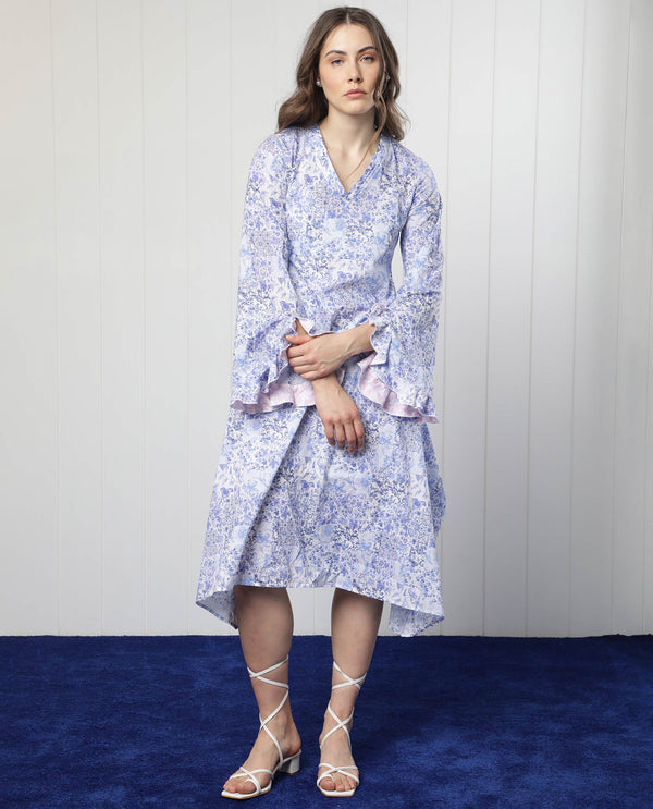 Rareism Women Cherish Blue Cotton Fabric 3/4Th Sleeves V-Neck Regular Fit Floral Print Knee Length Asymmetric Dress