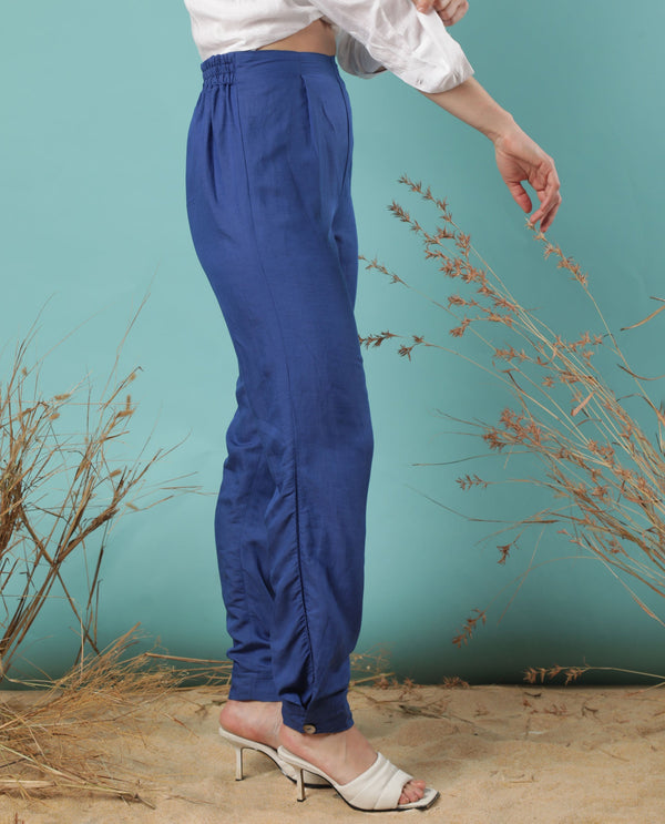 Rareism Women Erin Flouroscent Blue Modal Linen Fabric Tailored Fit Mid Rise Solid Ankle Length Trousers