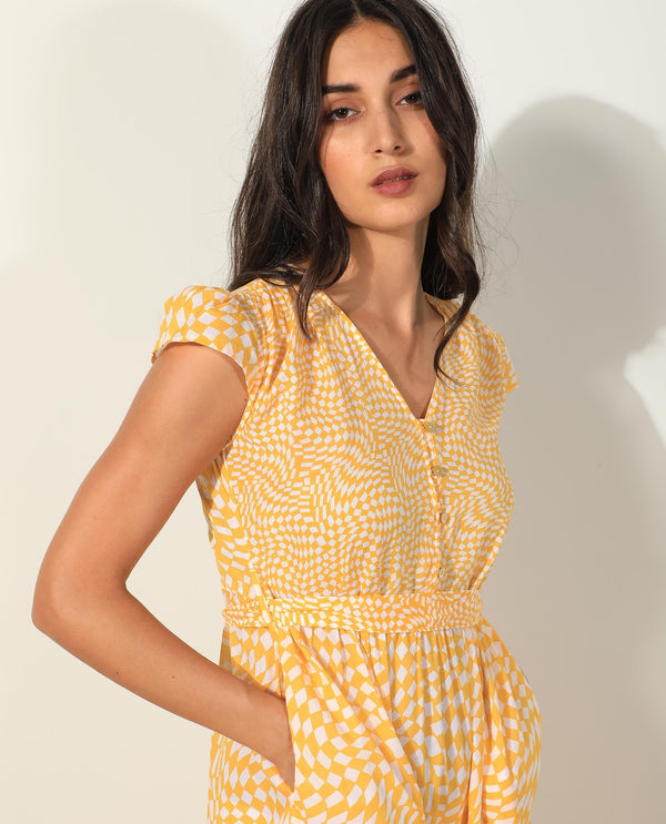 Rareism Women's Whitney Yellow Cotton Fabric V-Neck Button Closure Cape Sleeve Geometric Print  Knee Length Dress