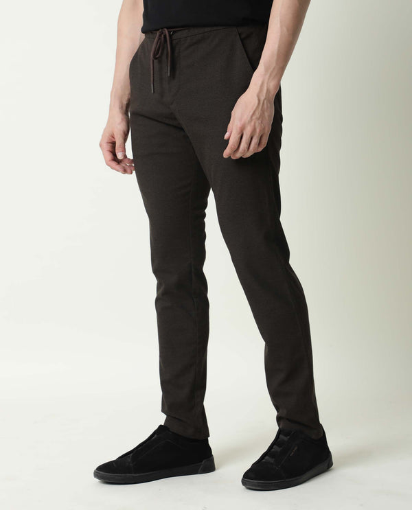 Rare Rabbit Men's Brando Brown Solid Mid-Rise With Drawstring And Elastic Waistband Regular Fit Trouser