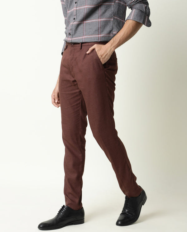 Rare Rabbit Men'S Cameo Maroon Solid Mid-Rise Regular Fit Trouser