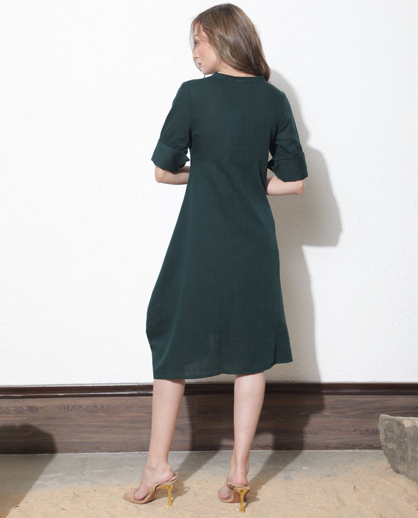 Rareism Women Cherry Green V Neck Tie-Up 3/4 Sleeves Symmetrical Knee Length Dress
