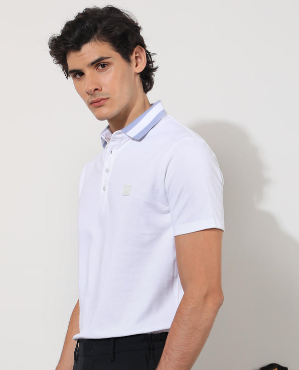 Rare Rabbit Men's Divide White Cotton Fabric Striped Collar Half Sleeves Polo T-Shirt