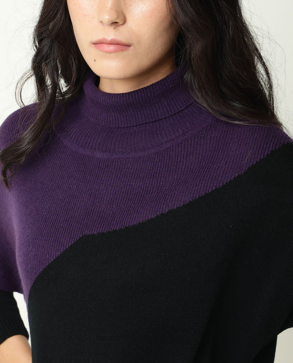 Rareism Women Spaton Purple Acrylic Fabric Full Sleeves Knee Length Regular Fit Color Blocked High Neck Sweater