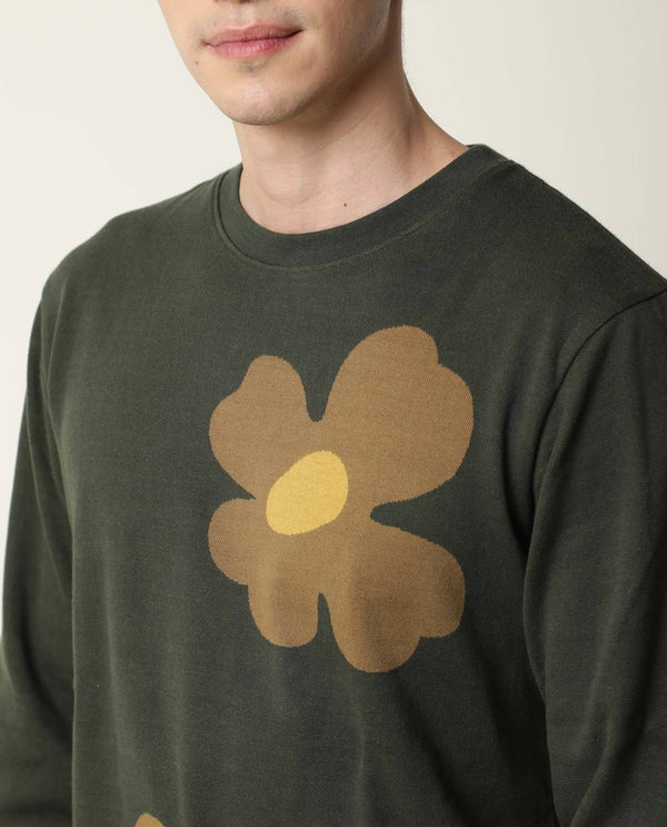 Rare Rabbit Men's Fauna Olive Cotton Fabric Full Sleeves Floral Print Knitted Sweatshirt