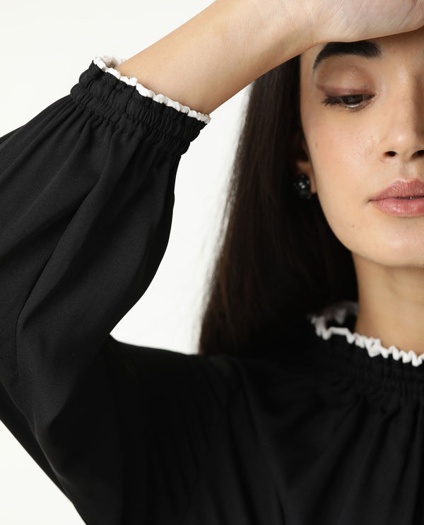 Rareism Women Spoke Black Ruffled Round Neck With Full Sleeves Back Button Closure Mini Dress