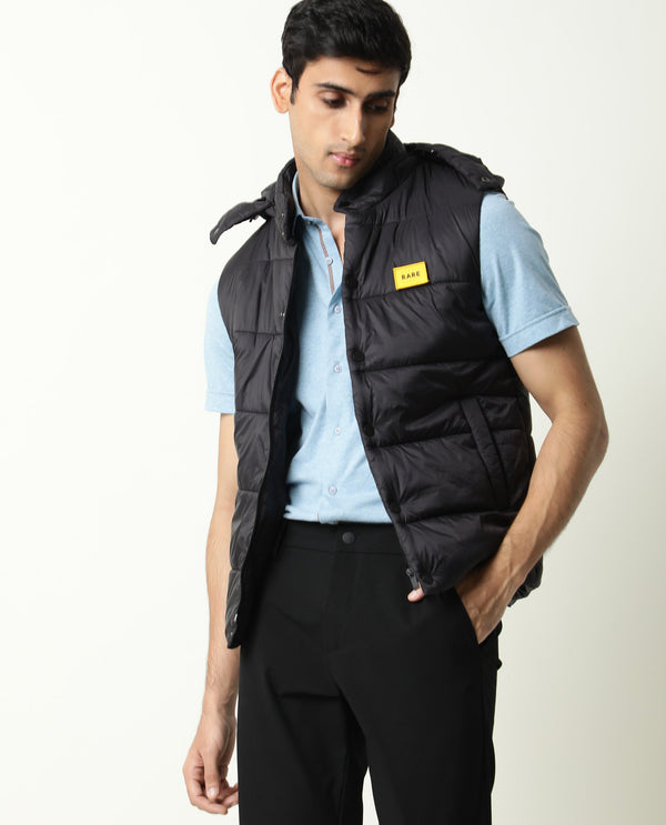 Rare Rabbit Men's Depot Black Plain Sleeveless Detachable Hood Puffer Jacket