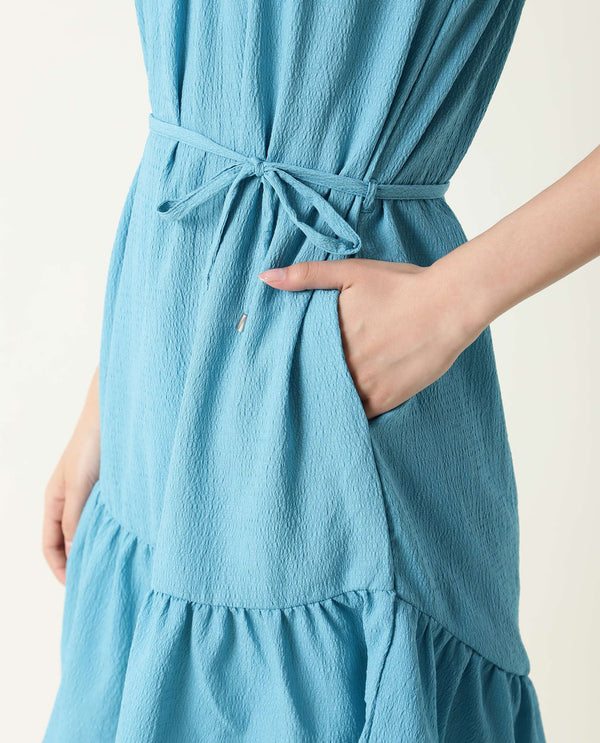 Rareism Women Empress Blue Smoked Square Neck Puff Sleeves With Fabric Waist Belt And Pockets High Low Dress