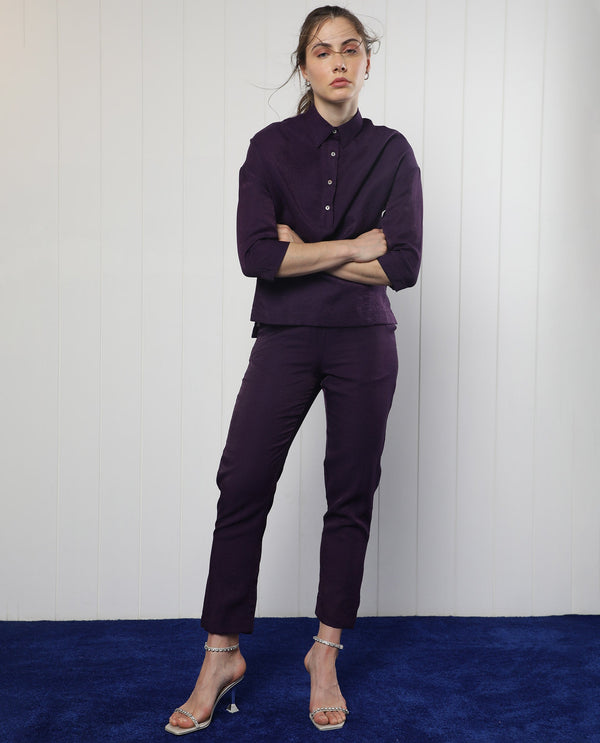 Rareism Women Unoo Dark Purple Polyester Fabric Tailored Fit Mid Rise Solid Ankle Length Trousers