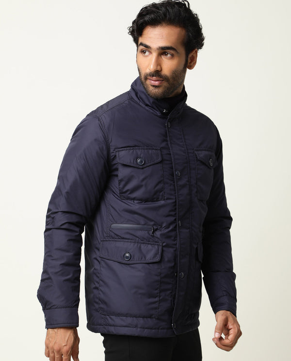 Rare Rabbit Men's Mass Navy Plain Stand Collar Puffed Jacket