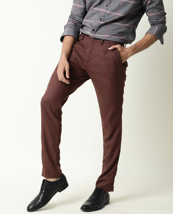 Rare Rabbit Men'S Cameo Maroon Solid Mid-Rise Regular Fit Trouser