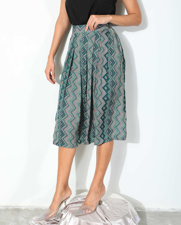 Rareism Women Arabella Dark Green Polyester Fabric Zip Closure Regular Fit Geometric Print Knee Length Skirt
