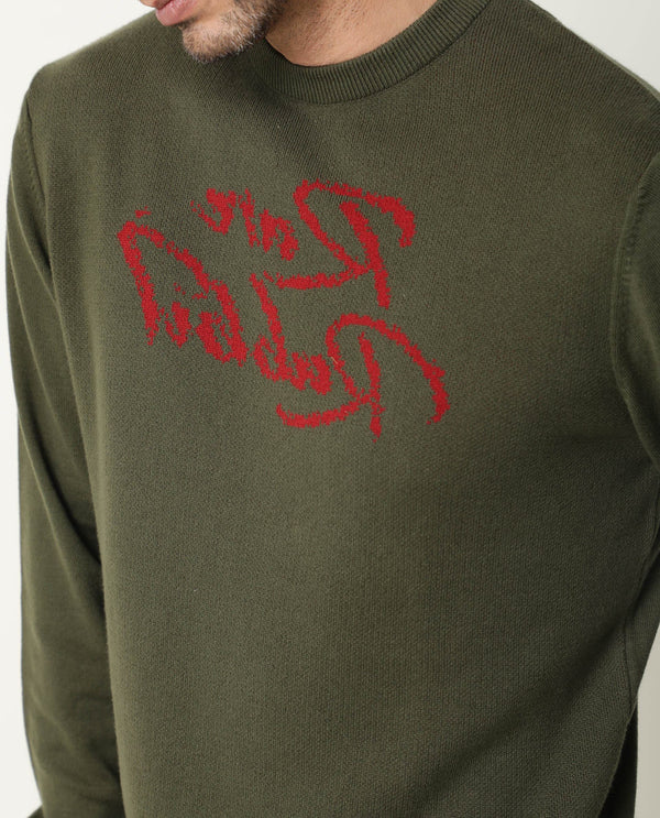 RARE RABBIT MEN'S TEEDO OLIVE PULLOVER COTTON FABRIC ROUND NECK FULL SLEEVES SLIM FIT