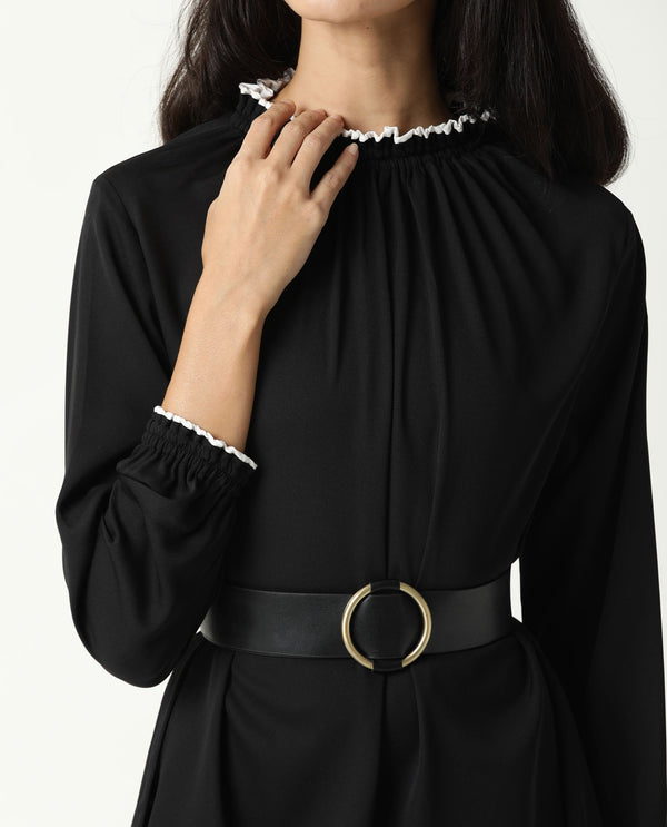 Rareism Women Spoke Black Ruffled Round Neck With Full Sleeves Back Button Closure Mini Dress