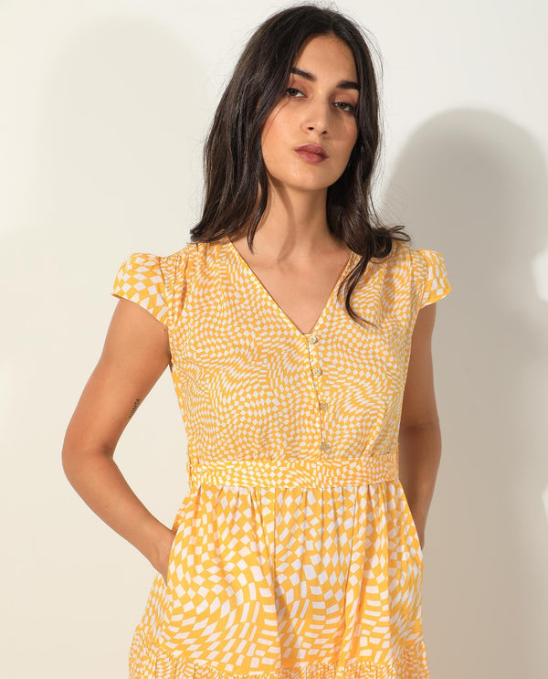 Rareism Women's Whitney Yellow Cotton Fabric V-Neck Button Closure Cape Sleeve Geometric Print  Knee Length Dress
