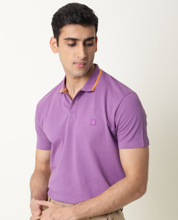 Rare Rabbit Men's Taper Purple Cotton Fabric Collared Neck Half Sleeves Textured Polo T-Shirt