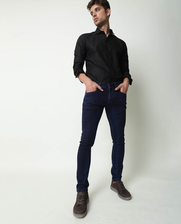 Rare Rabbit Men's Dobe Dark Blue Dark Wash Mid-Rise Slim Fit Jeans