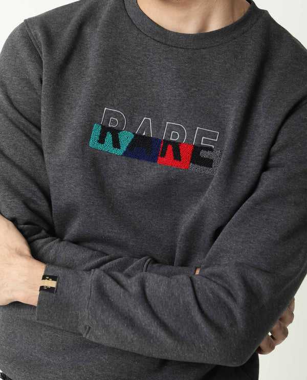 Rare Rabbit Mens Floki Black Cotton Polyester Fabric Crew Neck Full Sleeves Slim Fit Sweatshirt
