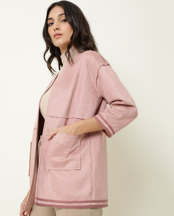 Rareism Women Square Dark Pink Polyester Fabric 3/4Th Sleeves Solid Boat Neck Jacket