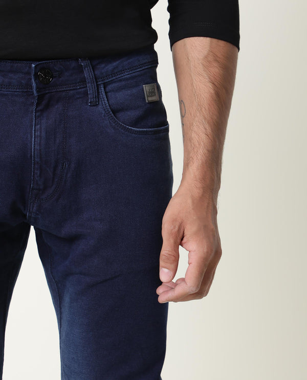 Rare Rabbit Men's Repp Blue Pant Cotton Elastane Fabric Slim Fit Button & Zip Closure Jeans