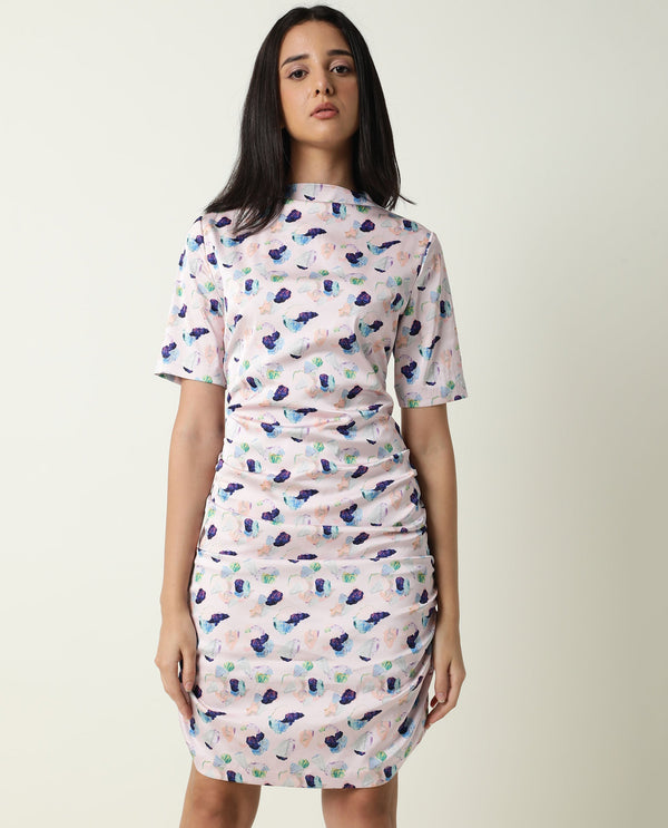 Rareism Women Flirty Light Pink Abstract High Neck Short Sleeve Runches At Side And Back With Back Zip Closure Mini Dress