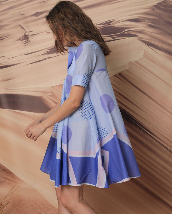 Rareism Women Coco Blue Cotton Fabric Short Sleeves Over Lap Flared Fit Abstract Print Knee Length Empire Dress