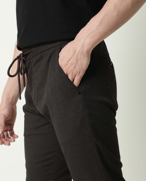 Rare Rabbit Men's Brando Brown Solid Mid-Rise With Drawstring And Elastic Waistband Regular Fit Trouser