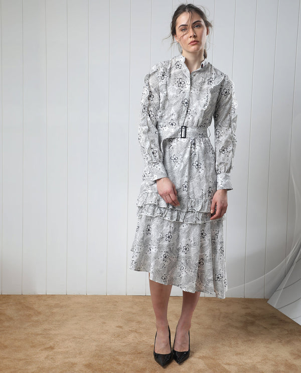 Rareism Women Roose White Cotton Fabric Full Sleeves Button Closure Mandarin Collar Regular Fit Floral Print Knee Length Flared Dress