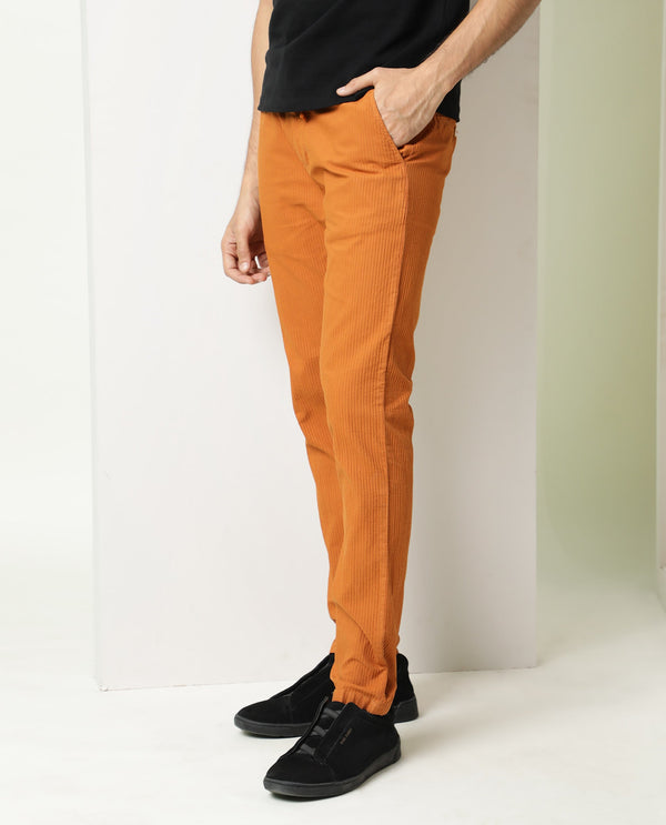Rare Rabbit Men's Monter Orange Stripe Dobby Mid-Rise With Drawstring And Elastic Waistband Regular Fit Trouser
